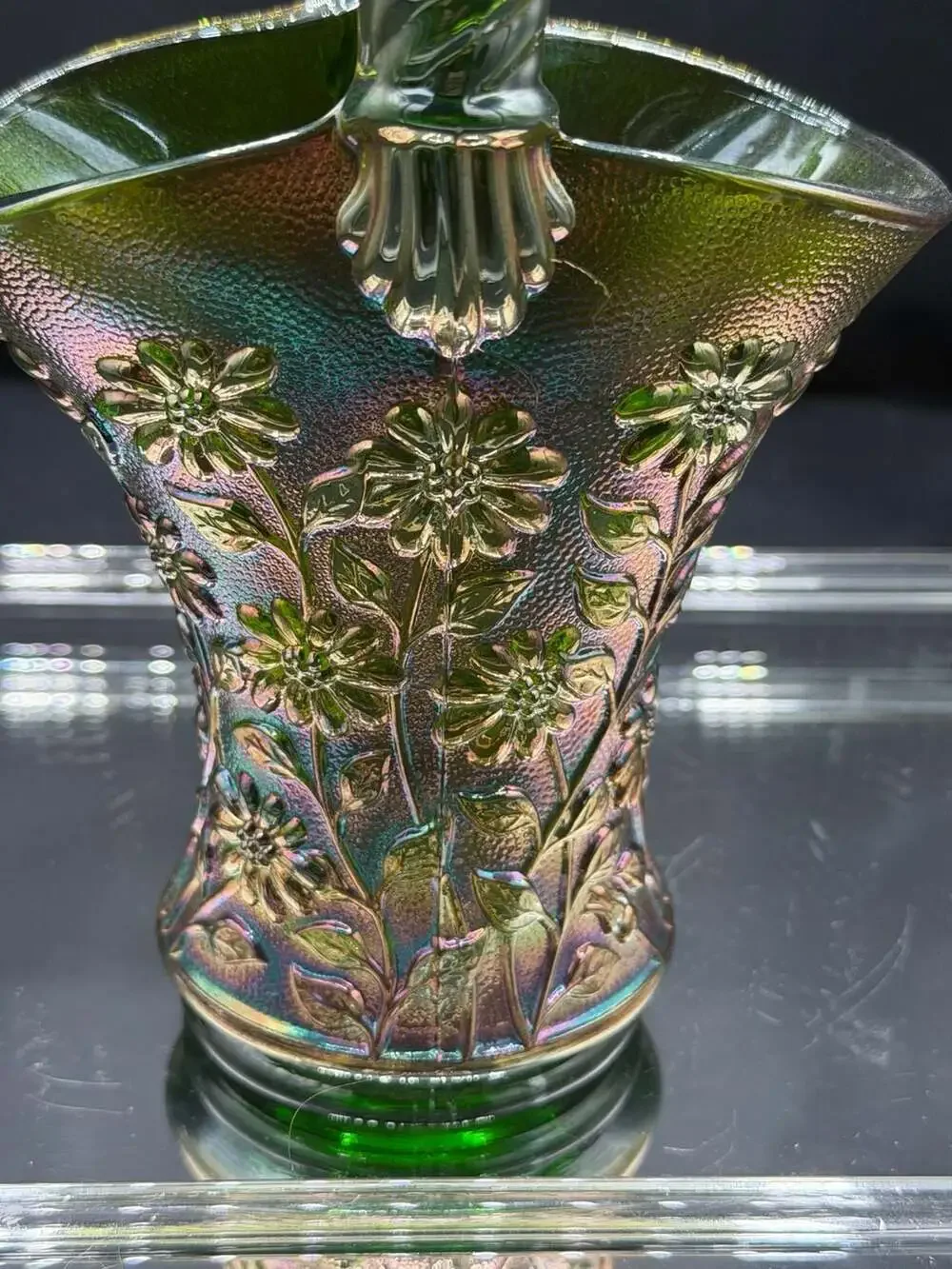 Imperial Helios Green Carnival Glass Daisy Basket